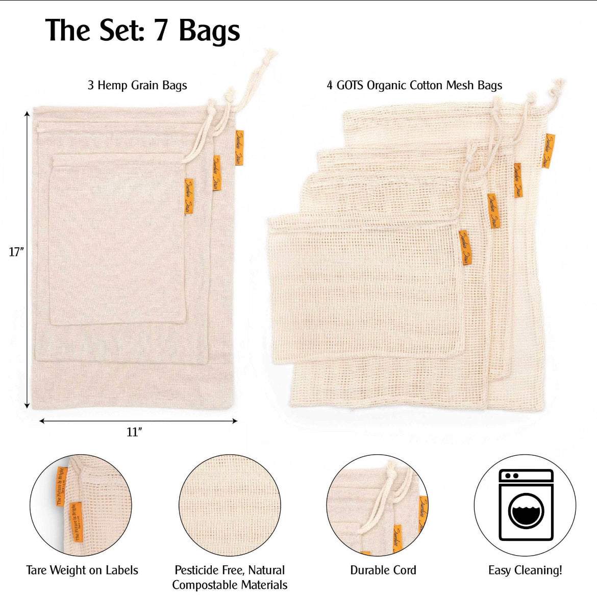 Reusable Cotton & Hemp Produce Bags-The Sunshine Series-bag,bags,cotton,grocery,kitchen,market,produce,reuseable